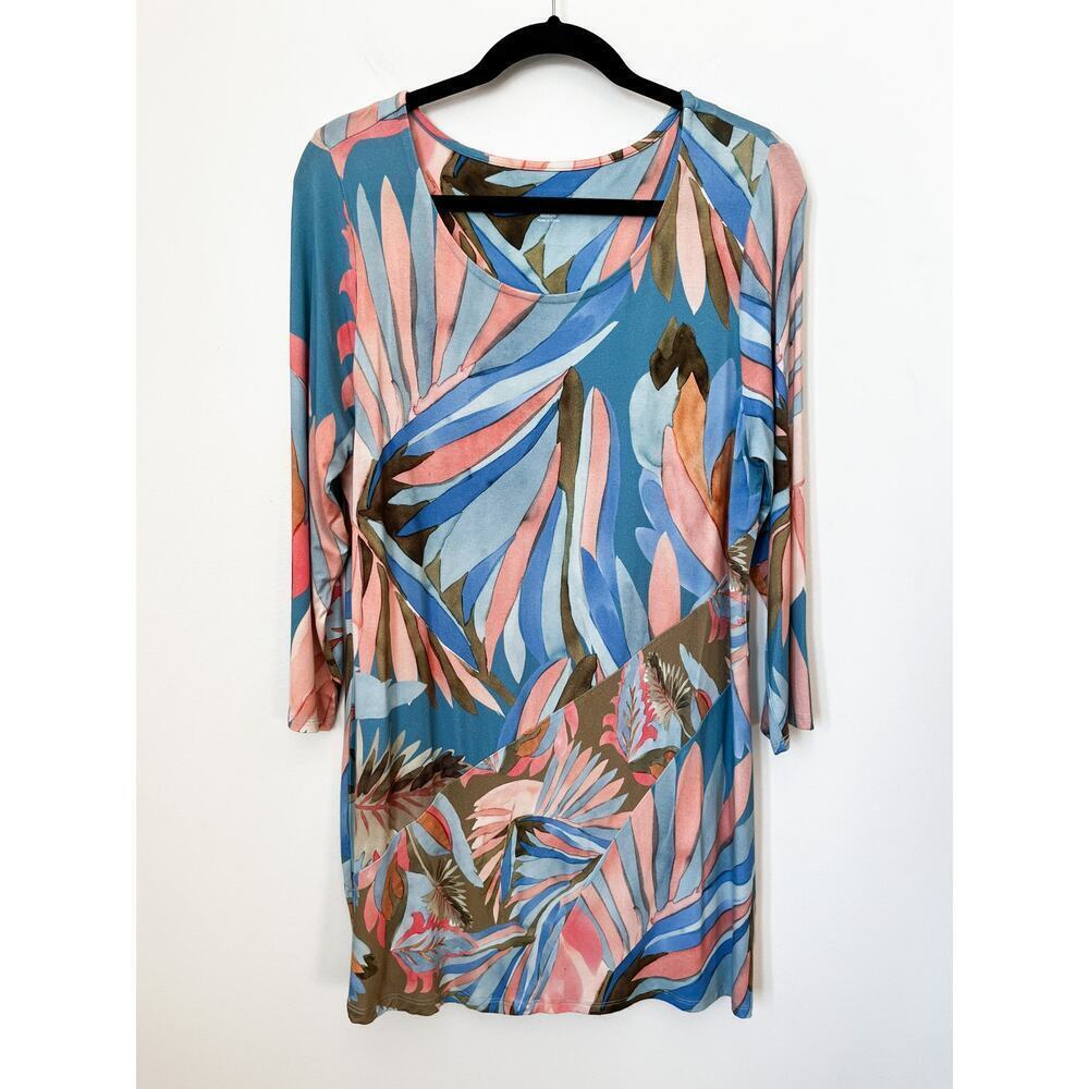 Soft Surroundings Coastal Tropical Leaf Print Tunic Top Blue Pink Stretch Medium